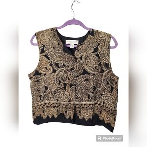 Vintage 100% Silk Sleeveless Black and Gold Paisley button-up top